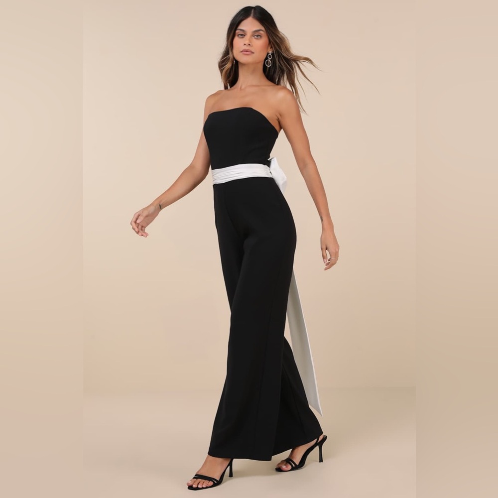Lulus NEW Sleek Perfection Bow Black Strapless Jumpsuit Cocktail Formal Sz L